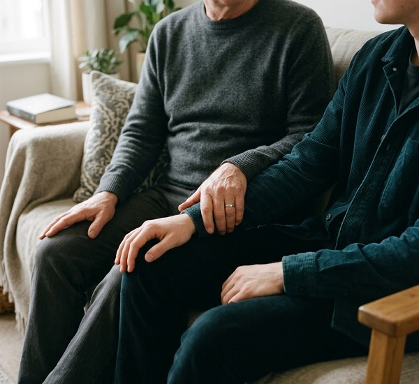 Couple caring for each other on a sofa