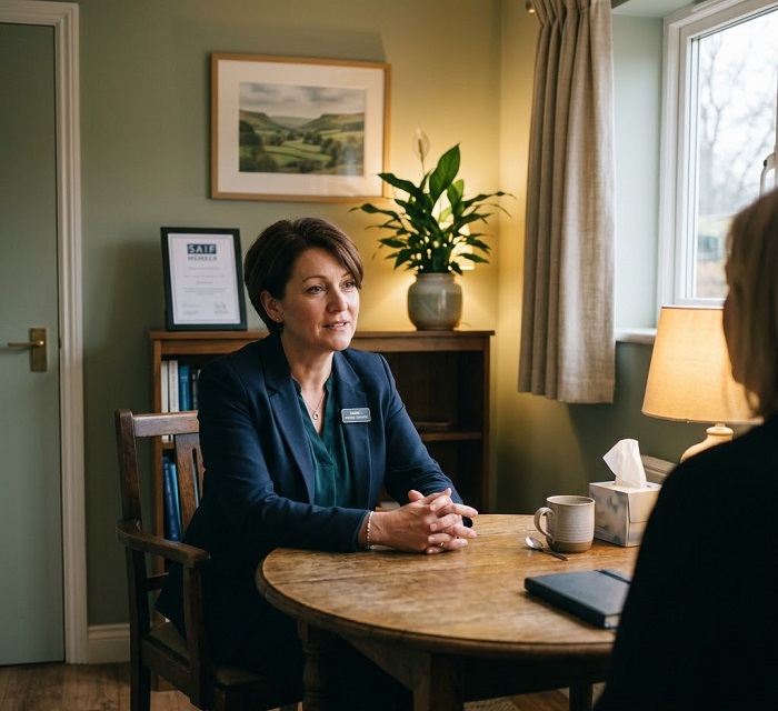Funeral director helping a lady