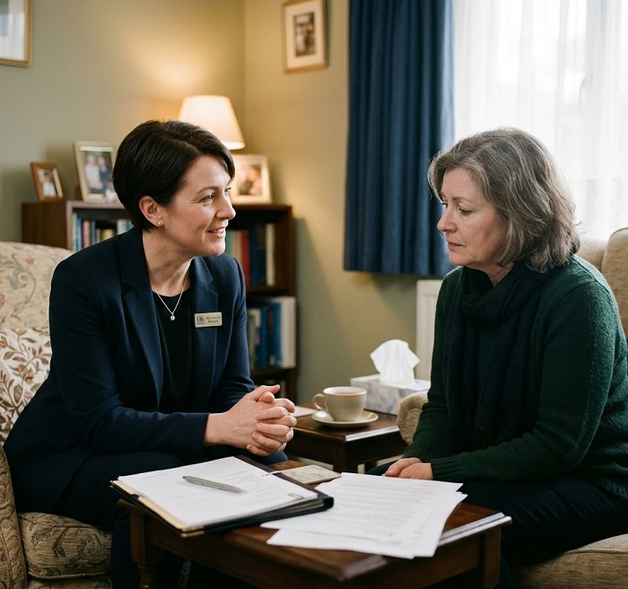 Funeral director helping family