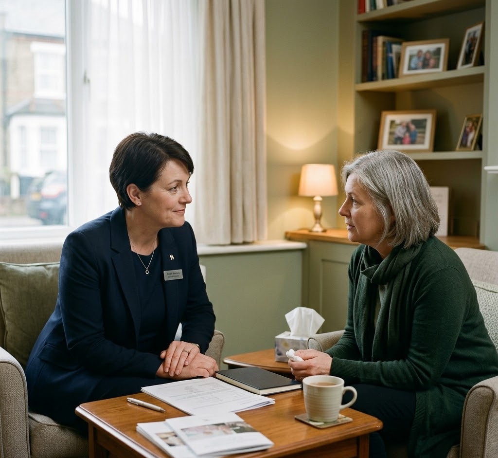 Funeral director with a grieving family member