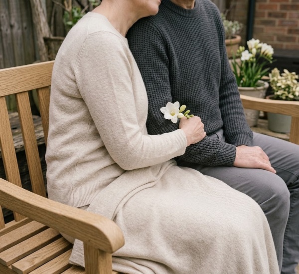Woman and man arm in arm looking sad